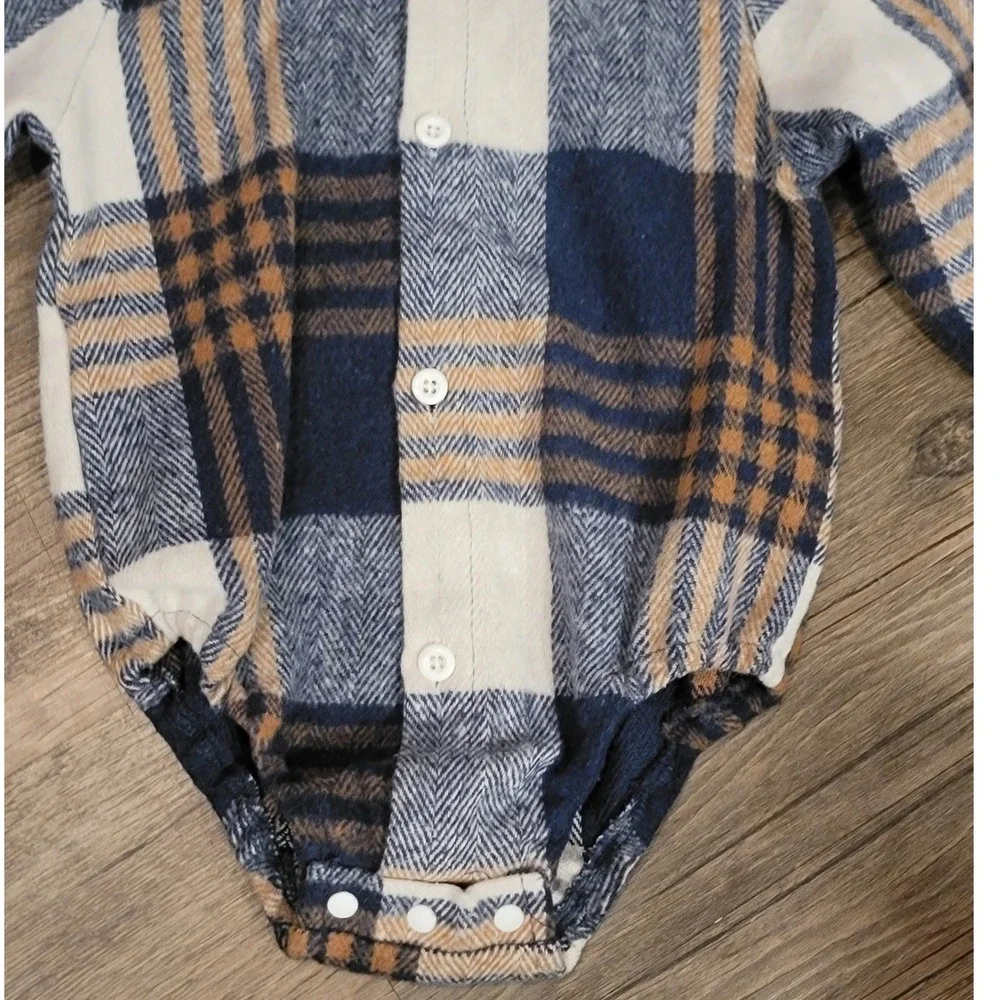 Unbranded Blue Tan Plaid Long Sleeve Flannel Bodysuit 12-18M‎ Onesie